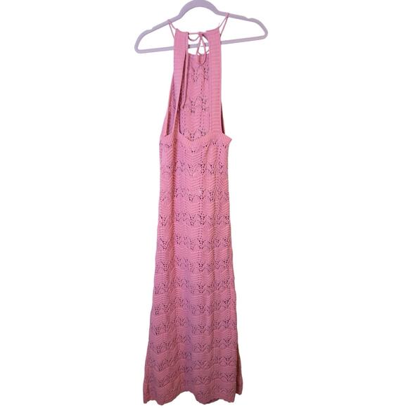 MANGO NWT Open Crochet Knit Halter Neck Pink Maxi Dress Size 8 - Picture 6 of 10